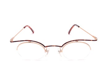 Ovaal montuur metalen damesbril, goudkleurig met Havana bruin decoratief element, 43-18 mm, modeontwerp uit de jaren 90, NOS #9