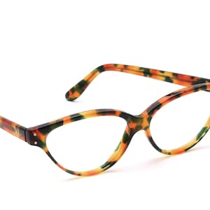 Ladies Vintage Cat Eye Ladies Glasses 90s Beausoleil Paris Mod. 96 Acetate Colorful 55-16 Colorful Yellow, Brown and Green Marbled #01/25 NOS