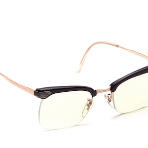 Cat Eye Vintage Goldbrille 60er Jahre Damen Halbrand von Optima elegant stilvoll n 48-18mm Gold Double 20K mit Acetatrand in Schwarz #06/25