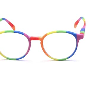 Op de afbeelding: Ronde bril met heldere glazen in regenboogkleuren.