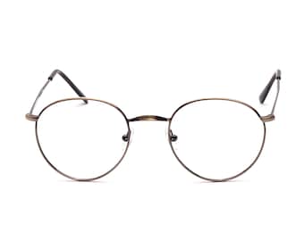 May include: Round eyeglasses with a thin, dark metal frame and clear lenses. The glasses have a classic, minimalist design, suitable for everyday wear. The temples are black and attach to the frame with small hinges.