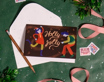 Holly Jolly Illustrated Holiday Card with Two Dancers— Envelope included