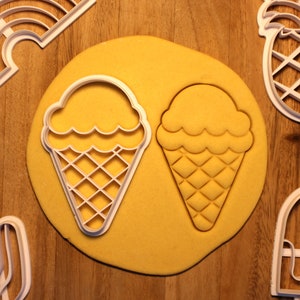 May include: Two white plastic ice cream cone cookie cutters on a yellow surface. The cutters are shaped like ice cream cones with a scoop of ice cream on top.