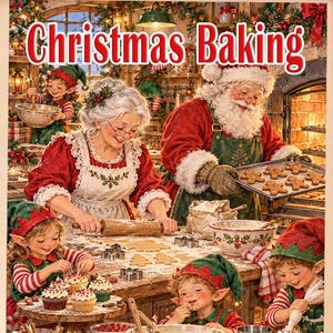 Könnte beinhalten: Ein gerahmter Wandkunstdruck mit dem Titel Christmas Baking, der eine Illustration von Weihnachtsmann und Weihnachtsfrau zeigt, die mit mehreren Elfen in einer Küche Plätzchen backen. Die Szene umfasst Schüsseln, Backbleche und Leckereien.