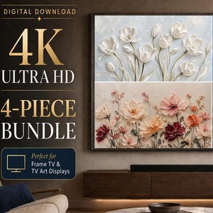 Floral Frame TV Art Bundle, 4 Piece Flower Painting Set, Romantic Botanical TV Art, 4K 16:9 Digital Download