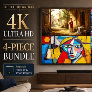 Könnte beinhalten: Ein digitales Download-Paket mit vier verschiedenen Kunstwerken, die auf einem Fernsehbildschirm angezeigt werden. Die Bilder zeigen eine sonnige Straßenszene, eine sternenklare Nachtlandschaft, ein buntes abstraktes Porträt und eine Musikkomposition.