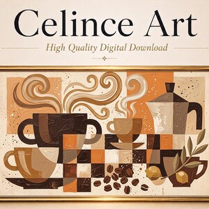 Könnte beinhalten: Ein gerahmter digitaler Kunstdruck mit dem Titel Celince Art, der eine Komposition zum Thema Kaffee mit Tassen, einer Mokkakanne und Kaffeebohnen in Braun-, Beige- und Orangetönen zeigt. Das Bild enthält wirbelnden Dampf und geometrische Muster.