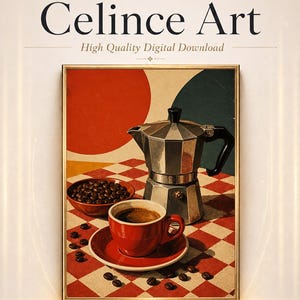 Könnte beinhalten: Ein gerahmter digitaler Kunstdruck mit dem Titel Celince Art zeigt eine silberne Espressokanne, eine rote Kaffeetasse auf einer Untertasse und eine Schale mit Kaffeebohnen auf einer rot-weiß karierten Oberfläche.