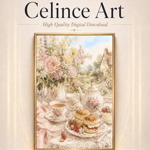 Peut inclure: Une impression d'art numérique intitulée Celince Art représentant une nature morte florale avec une théière, des tasses et des scones sur une table. L'image inclut un bouquet de fleurs roses et jaunes, un cottage en arrière-plan et le texte High Quality Digital Download, 4K Ultra HD, et Celince Design.
