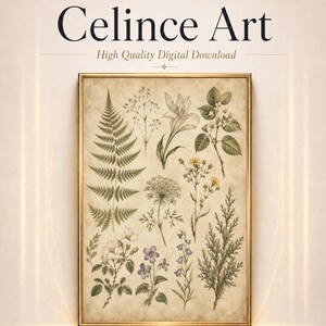 Könnte beinhalten: Ein gerahmter botanischer Druck mit verschiedenen grünen Farnen, weißen Lilien, gelben Wildblumen und violetten Blüten auf einem strukturierten beigen Hintergrund. Der Text Celince Art und High Quality Digital Download steht darüber, Celince Design darunter.