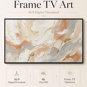 Könnte beinhalten: Frame TV Kunst 16:9 Digitaler Download mit einem abstrakten Gemälde mit strukturierten Pinselstrichen in Beige-, Weiß-, Grau- und Goldtönen. Die digitale Datei ist 4K Ultra HD und für Frame TV-Displays von Celince Design optimiert.