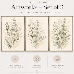 Könnte beinhalten: Ein Set aus drei digitalen Kunstdrucken mit botanischen Illustrationen von Eukalyptuszweigen, Olivenzweigen und getrockneten Gräsern in gedeckten Grün- und Beigetönen. Der Text lautet CELINCE DESIGN Artworks – Set of 3 HIGH QUALITY, DIGITAL DOWNLOAD.