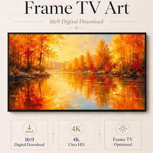 Könnte beinhalten: Digitale Grafik für einen Frame TV mit einer herbstlichen Landschaft, in der sich orange, gelbe und rote Bäume in einem ruhigen See spiegeln. Der Text lautet Frame TV Art, 16:9 Digital Download, 4K Ultra HD, Frame TV Optimized und Celince Design.