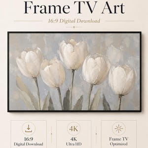 Könnte beinhalten: Digitaler Download von Frame TV Kunst mit fünf weißen Tulpen auf einem strukturierten hellgrauen Hintergrund. Das Bild enthält den Text: Frame TV Art, 16:9 Digital Download, 4K Ultra HD, Frame TV Optimized und Celince Design. Das Bild hat ein 16:9 Format.