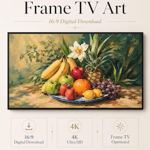 Könnte beinhalten: Digitale Frame TV-Kunst mit einem Stillleben aus Früchten wie Bananen, Ananas, Äpfeln, Erdbeeren, Orangen, Zitronen und Weintrauben auf einem blau-weißen Teller. Der Text umfasst Frame TV Art, 16:9 Digital Download, 4K Ultra HD und Celince Design.