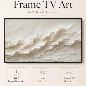 Könnte beinhalten: Digitale Frame TV-Kunst mit einem strukturierten, weißen, abstrakten Wellenmuster. Das Bild enthält den Text: Frame TV Art, 16:9 Digital Download, 4K Ultra HD, Frame TV Optimized und Celince Design. Das Kunstwerk ist in einem schwarzen Rahmen.