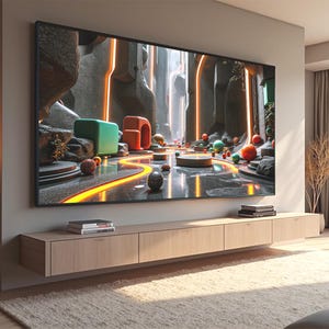 May include: A large screen television displaying a colorful, abstract image of a futuristic landscape with glowing lines and orbs. The television is mounted on a wall above a wooden entertainment center.