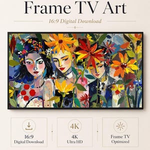 Könnte beinhalten: Digitale Grafik für einen Frame TV mit dem Titel Frame TV Art, 16:9 Digital Download, 4K Ultra HD, Frame TV Optimized, Celince Design. Das Bild zeigt ein farbenfrohes Gemälde von drei Figuren, umgeben von leuchtend orangen, roten und gelben Blumen.