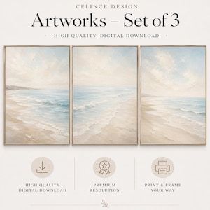 Könnte beinhalten: Ein Set aus drei digitalen Kunstdrucken mit einer Küstenlandschaft, hellblauen Meereswellen, Sandstrand und bewölktem Himmel. Der Text lautet CELINCE DESIGN Artworks - Set of 3, HIGH QUALITY, DIGITAL DOWNLOAD, PREMIUM RESOLUTION und PRINT & FRAME YOUR WAY.
