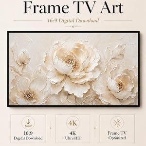Cream Peony Frame TV Art, White Floral Wall Art, Neutral Botanical Relief Painting, Digital Download 16:9