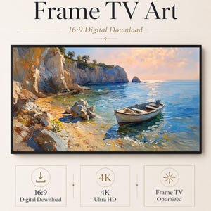 Könnte beinhalten: Digitaler Download von Frame TV-Kunst mit einem Ölgemälde eines kleinen Bootes, das in einer ruhigen blauen Bucht bei felsigen Klippen im Sonnenuntergang ankert. Der Text lautet Frame TV Art, 16:9 Digital Download, 4K Ultra HD, Frame TV Optimized, Celince Design.