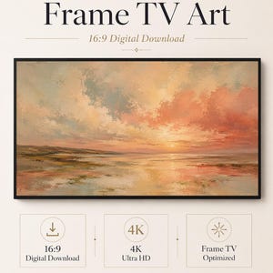 May include: Digital artwork for a Frame TV featuring a sunset landscape with soft pink, orange, and muted blue clouds over a calm body of water. The image includes text reading Frame TV Art, 16:9 Digital Download, 4K Ultra HD, and Celince Design.
