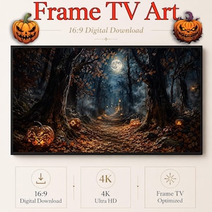 Könnte beinhalten: Digitale Grafik für einen Frame TV mit einem dunklen, mondbeschienenen Waldweg, leuchtenden geschnitzten Kürbissen und Herbstlaub. Der Text lautet Frame TV Art, 16:9 Digital Download, 4K Ultra HD, Frame TV Optimized und Celince Design.
