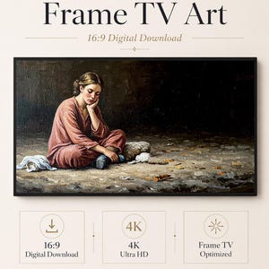 Könnte beinhalten: Digitale Grafik für einen Frame TV mit dem Titel Frame TV Art, 16:9 Digital Download, 4K Ultra HD, Frame TV Optimized, Celince Design. Das Bild zeigt ein Gemälde einer Person in rosafarbener Kleidung, die auf dem Boden in einer dunklen Umgebung sitzt.