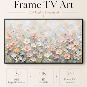 Könnte beinhalten: Digitale Grafik für einen Frame TV mit einem Impasto-Gemälde einer Wildblumenwiese mit zartrosa, weißen und blauen Blütenblättern. Der Text lautet Frame TV Art, 16:9 Digital Download, 4K Ultra HD, Frame TV Optimized und Celince Design.