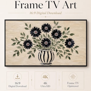 Könnte beinhalten: Digitaler Download von Frame TV Kunst mit einem strukturierten Gemälde aus dunkelblauen Blumen in einer gestreiften Vase vor beigem Hintergrund. Das Bild enthält den Text: Frame TV Art, 16:9 Digital Download, 4K Ultra HD, Frame TV Optimized, Celince Design.
