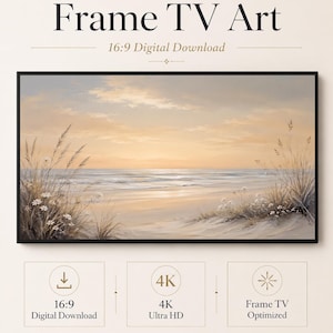 Könnte beinhalten: Digitaler Download Frame TV Kunst mit einem Landschaftsgemälde eines Strandes bei Sonnenuntergang mit hohem Gras und weißen Blumen im Vordergrund. Der Text lautet Frame TV Art, 16:9 Digital Download, 4K Ultra HD, Frame TV Optimized und Celince Design.