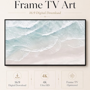 Könnte beinhalten: Digitaler Download von Frame TV-Kunst mit einer Draufsicht auf türkisfarbene Meereswellen, die an einen weißen Sandstrand spülen. Die Grafik enthält den Text Frame TV Art, 16:9 Digital Download, 4K Ultra HD und den Namen Celince Design.