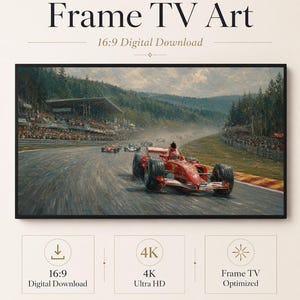 Könnte beinhalten: Frame TV Art 16:9 Digitaler Download mit einem Gemälde eines roten Formel-1-Rennwagens auf einer Strecke mit Zuschauern und Bäumen. Text: Frame TV Art, 16:9 Digital Download, 4K Ultra HD, Frame TV Optimized und Celince Design.