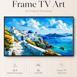 Könnte beinhalten: Digitale Grafik für einen Frame TV mit einem Gemälde einer griechischen Insel mit weißen Gebäuden, blauen Kuppeln und einem Küstenweg über dem blauen Meer mit Booten. Text: Frame TV Art, 16:9 Digital Download, 4K Ultra HD, Frame TV Optimized, Celince Design.