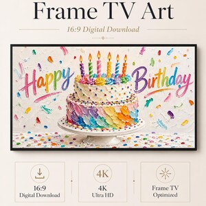 Könnte beinhalten: Digitale Grafik für einen Frame TV mit einer zweistöckigen Geburtstagstorte, buntem Zuckerguss, Streuseln und sechs brennenden Kerzen. Der Schriftzug 'Happy Birthday' erscheint in Regenbogenfarben auf einem strukturierten weißen Hintergrund.