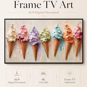 Könnte beinhalten: Digitale Kunst für einen Frame TV mit sieben Eiswaffeln in verschiedenen Pastellfarben mit dicken, strukturierten Impasto-Pinselstrichen. Das Bild enthält den Text: Frame TV Art, 16:9 Digital Download, 4K Ultra HD, Frame TV Optimized und Celince Design.
