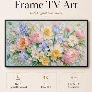 Könnte beinhalten: Digitaler Download von Frame TV Kunst mit einem dicken Impasto-Ölgemälde eines Blumenstraußes mit rosa Pfingstrosen, gelben Narzissen und blauen Blumen. Der Text lautet Frame TV Art, 16:9 Digital Download, 4K Ultra HD und Celince Design.