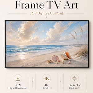 Könnte beinhalten: Digitale Frame TV-Kunst mit einer Küstenlandschaft, Sandstrand, Muscheln und hohem Gras unter einem blauen Himmel mit Wolken. Der Text lautet Frame TV Art, 16:9 Digital Download, 4K Ultra HD, Frame TV Optimized und Celince Design.