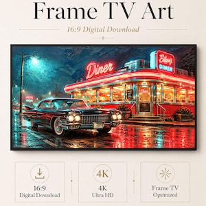 Könnte beinhalten: Digitale Grafik für einen Frame TV mit einem 1961 Cadillac vor dem Eileen's Diner bei Nacht. Die Szene zeigt ein rotes Neon-Schild, nassen Asphalt mit Lichtreflexionen und einen dunkelblauen Himmel. Text: Frame TV Art, 16:9 Digital Download, 4K Ultra HD, Celince Design.