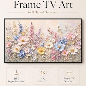 Könnte beinhalten: Digitaler Download von Frame TV Kunst mit einem texturierten Blumengemälde in Rosa, Blau, Gelb und Weiß. Das Bild enthält den Text: Frame TV Art, 16:9 Digital Download, 4K Ultra HD, Frame TV Optimized und Celince Design.