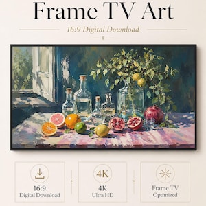 Tableau d'ambiance pour téléviseur Samsung Frame, 16:9 4K, nature morte méditerranéenne, agrumes et grenades. Téléchargement numérique.
