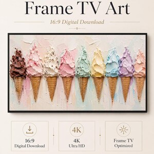 Könnte beinhalten: Digitaler Download von Frame TV Kunst mit neun Eiswaffeln in verschiedenen Pastellfarben mit dicken, strukturierten Pinselstrichen. Das Bild enthält den Text: Frame TV Art, 16:9 Digital Download, 4K Ultra HD, Frame TV Optimized und Celince Design.