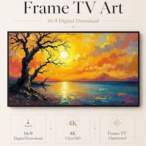 Cuadro decorativo con diseño de árbol al atardecer, pintura de paisaje oceánico dorado, arte mural costero espectacular, descarga digital 4K 16:9