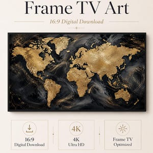 Könnte beinhalten: Digitaler Download von Frame TV Kunst mit einer Weltkarte mit goldenen Kontinenten vor einem schwarz-grauen Marmorhintergrund. Der Text lautet Frame TV Art, 16:9 Digital Download, 4K Ultra HD, Frame TV Optimized und Celince Design.