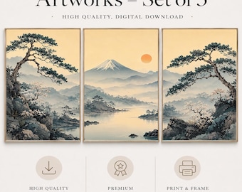 May include: A set of three digital art prints titled CELINCE DESIGN Artworks - Set of 3. The images feature a landscape with a snow-capped mountain, a sun, pine trees, and rocky cliffs over water in a soft palette of beige, blue, and orange tones.
