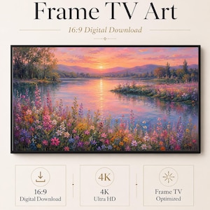 Könnte beinhalten: Digitale Grafik für einen Frame TV mit einem Landschaftsgemälde eines Sees bei Sonnenuntergang, rosa-orangem Himmel, Hügeln und bunten Wildblumen im Vordergrund. Der Text lautet Frame TV Art, 16:9 Digital Download, 4K Ultra HD und Celince Design.