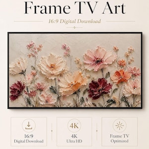 Könnte beinhalten: Frame TV Art 16:9 Digitaler Download mit einem texturierten Impasto-Gemälde aus rosa, pfirsichfarbenen und dunkelroten Blumen auf neutralem Grund. Enthält Text: Frame TV Art, 16:9 Digital Download, 4K Ultra HD, Frame TV Optimized, Celince Design.
