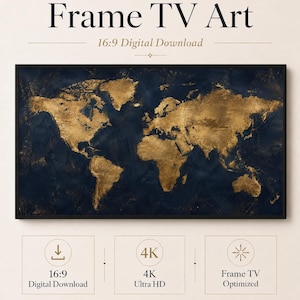 Gold World Map Frame TV Art, Black Gold Map Wall Art, Luxury Travel Decor, Digital Download 16:9 TV Art