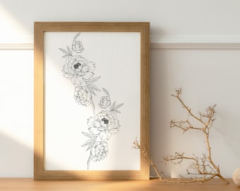 6 Peonies Outline Artwork | Peony Digital Drawing | Peony Fine Line Art | Peony Tattoo Drawing | Instant Download | Peony PNG JPEG PDF