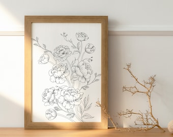 9 Peonies Outline Artwork | Peony Digital Drawing | Peony Fine Line Art | Peony Tattoo Drawing | Instant Download | Peony PNG JPEG PDF